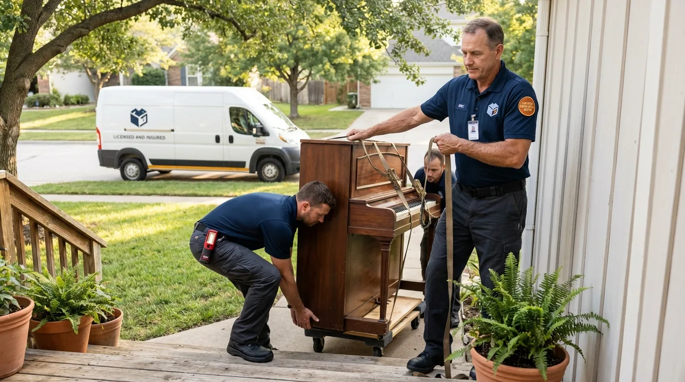Licensed piano movers securing grand piano in East Windsor, CT