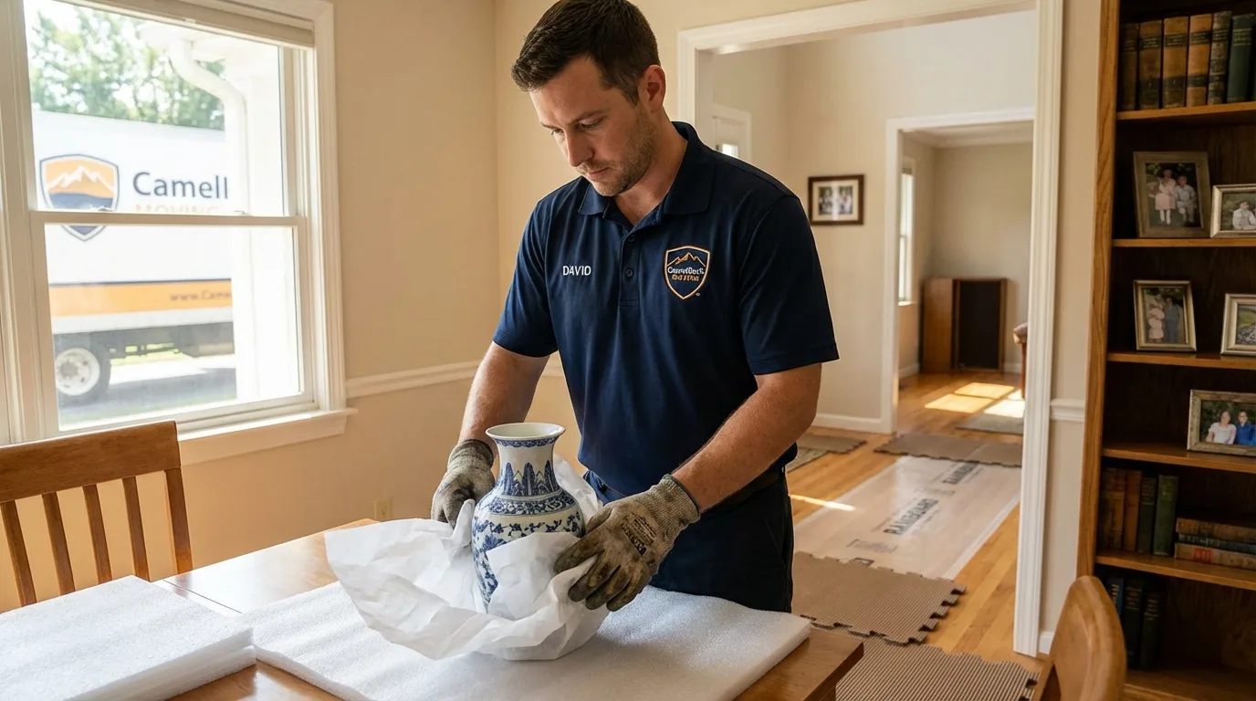 Professional crew carefully wrapping antique vase for senior downsizing move in East Windsor, CT