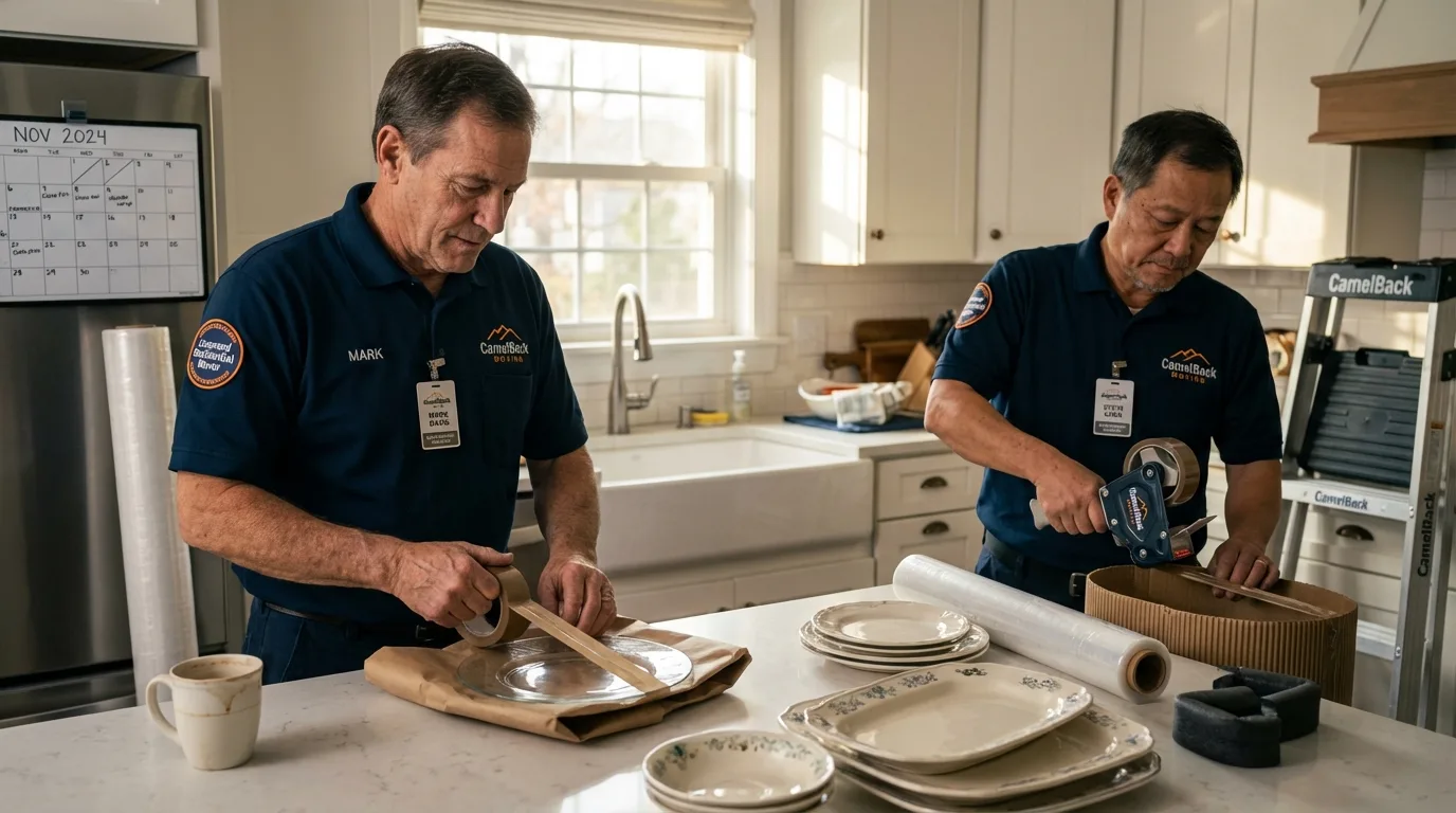 Professional crew packing kitchen dishware in East Windsor, CT